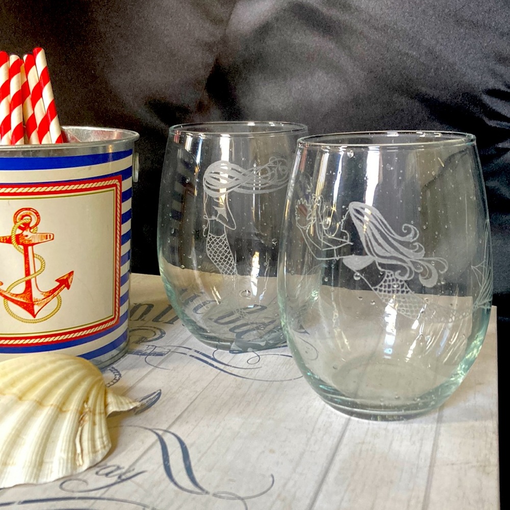 Set of 4 hand etched mermaid stemless wine glasses